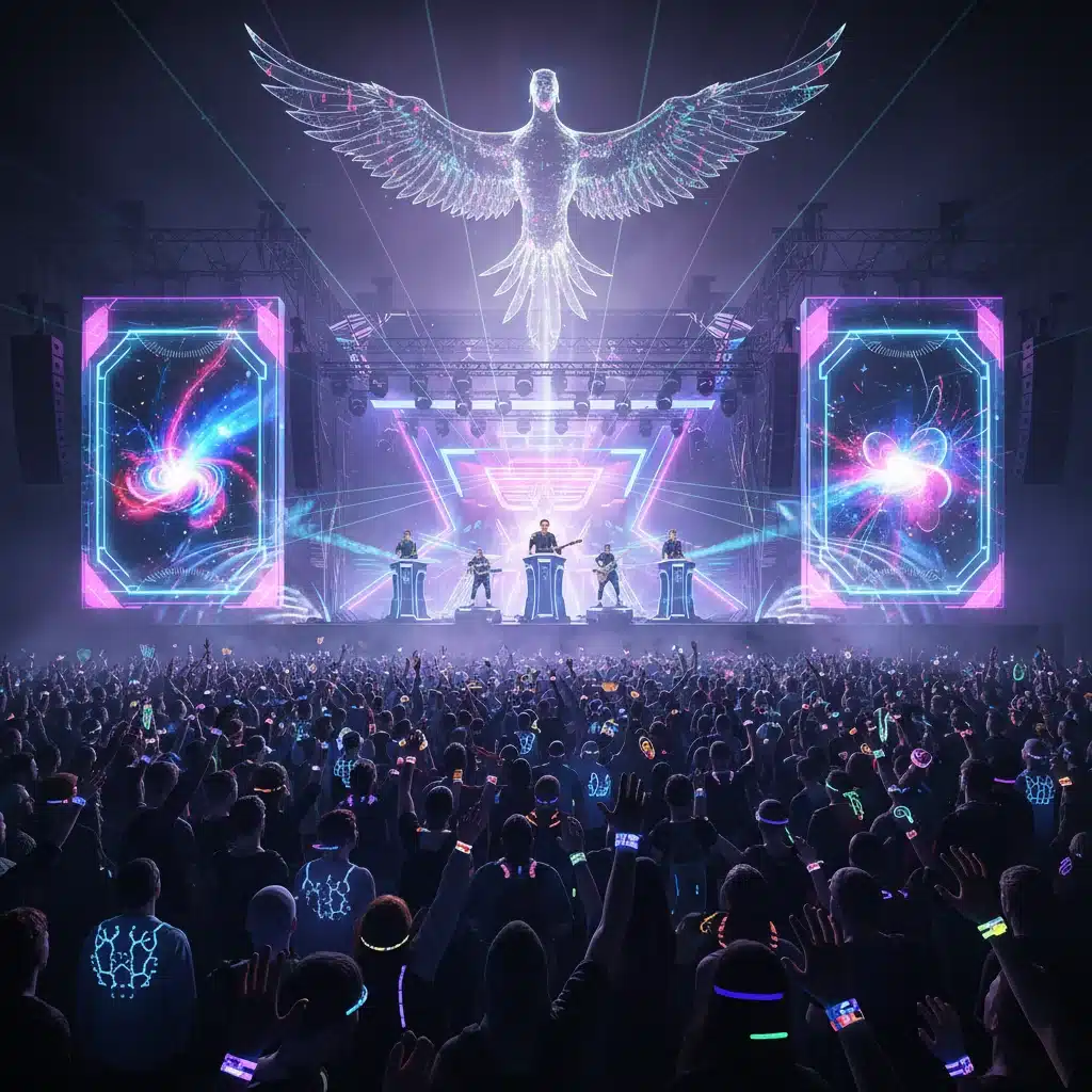 Festival stage with augmented reality projections and attendees using smart wearables for an immersive digital experience.