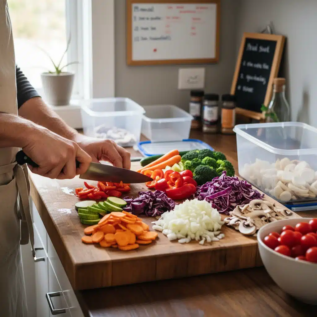Person batch chopping vegetables for meal prep.