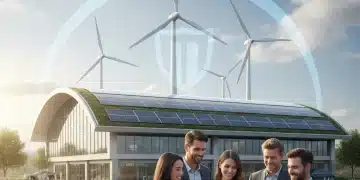 Modern building with solar panels, wind turbines, and business professionals reviewing energy data, representing federal energy incentives.