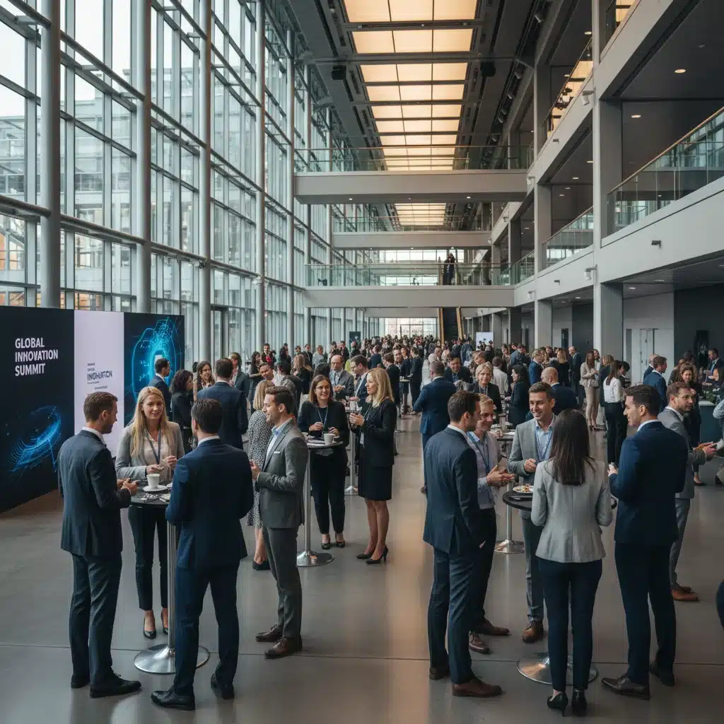 Business professionals networking at a large convention, highlighting industry collaboration and knowledge exchange.