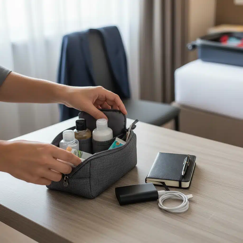 Person packing an essential travel kit for a business trip or trade show.