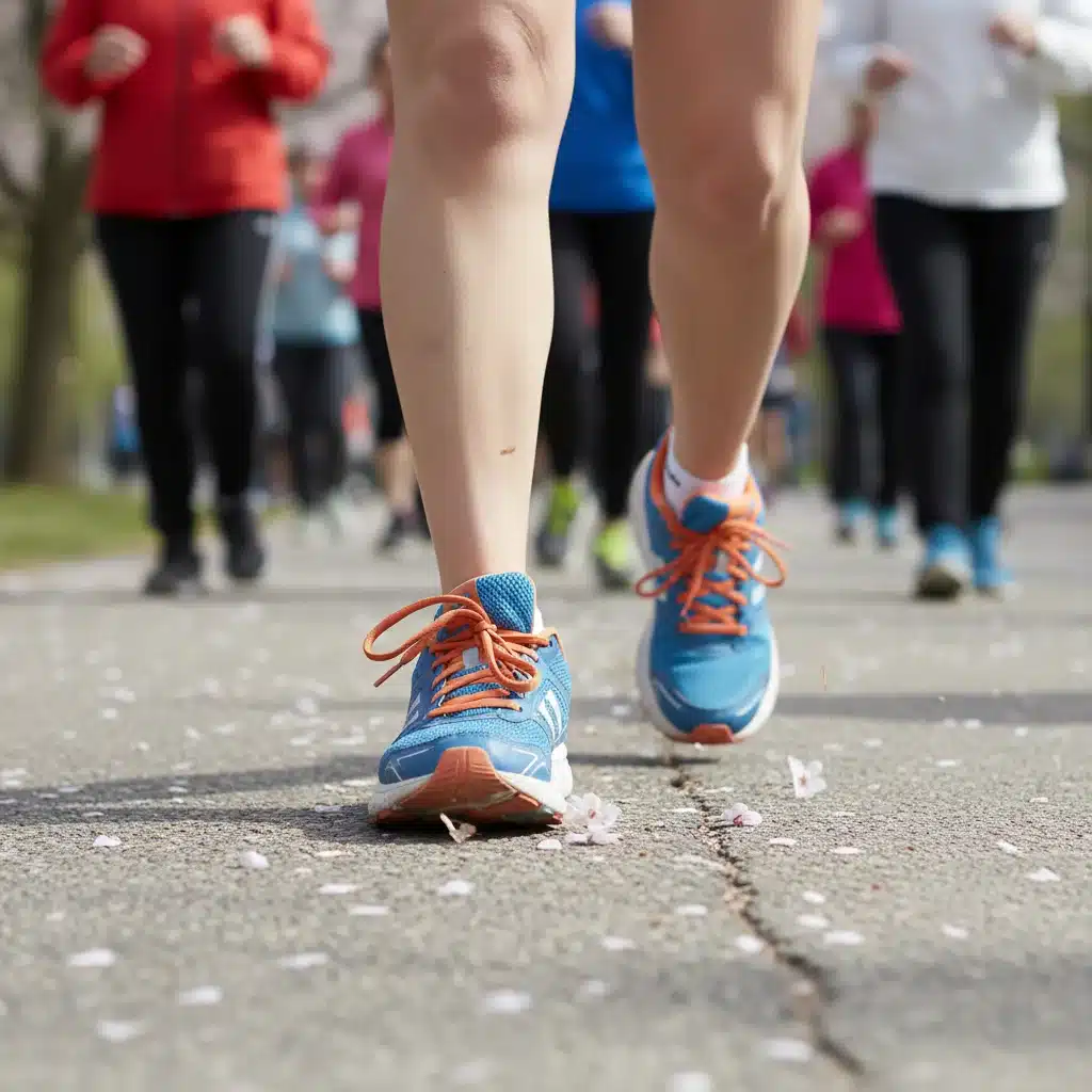 Running shoes hitting pavement during a charity walk, symbolizing dedication and participation.