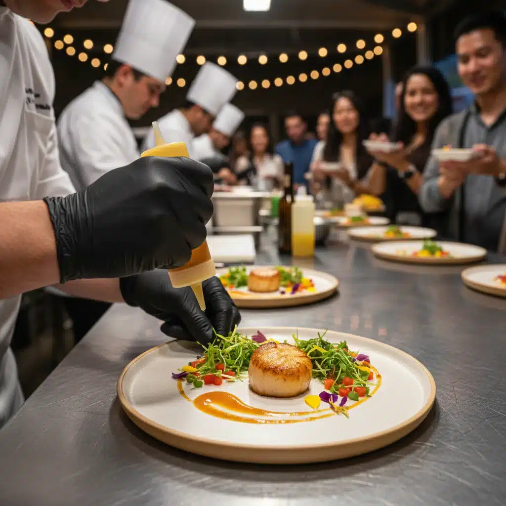 Chef plating a gourmet appetizer at a culinary festival