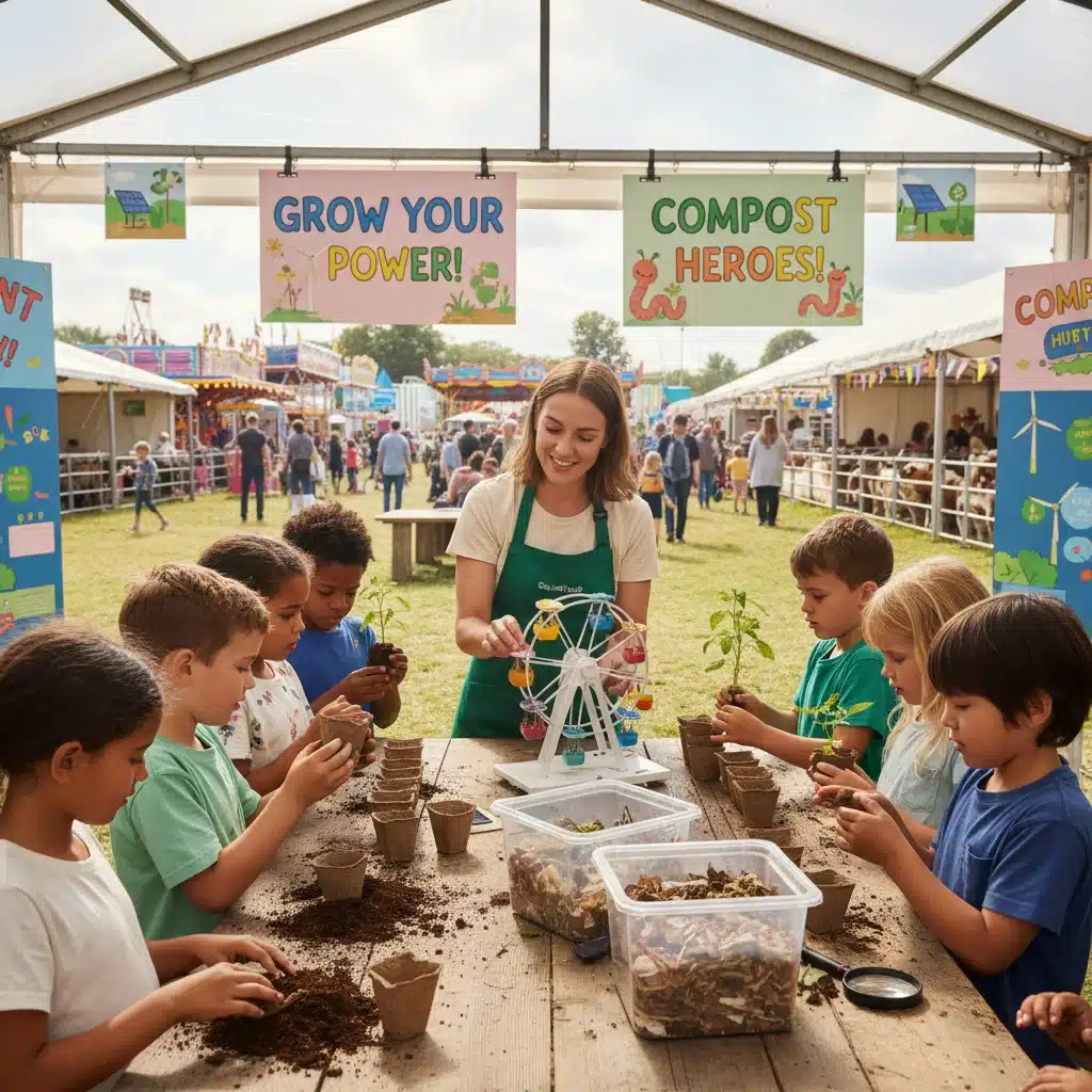 Children learning about sustainable farming practices at an agricultural fair workshop.