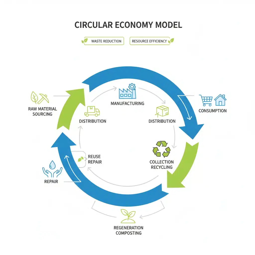 Infographic illustrating a circular economy model with resource flow from production to recycling.