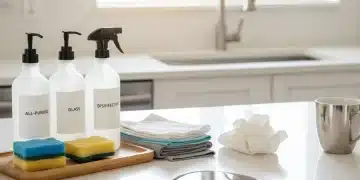 Variety of cleaning supplies on a spotless kitchen counter, ready for household spill solutions.