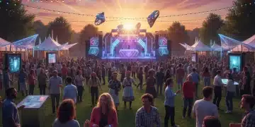 Diverse crowd enjoying a community festival at sunset with colorful lights and modern art installations.