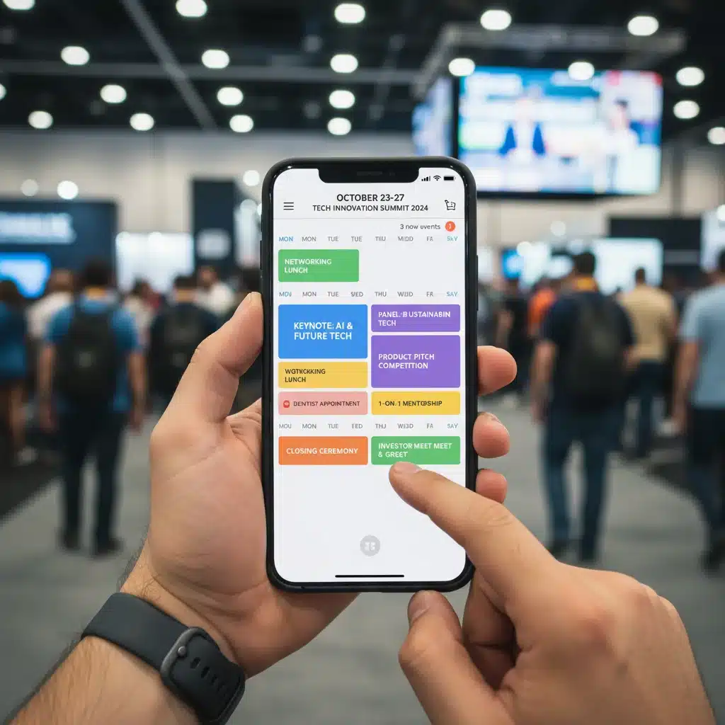 Digital calendar showing a meticulously planned tech conference schedule.