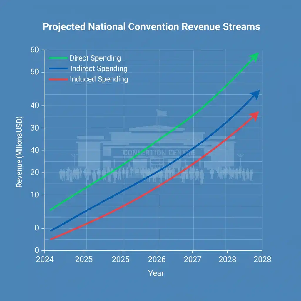 Projected revenue streams from national conventions in 2026, illustrating direct, indirect, and induced economic benefits.