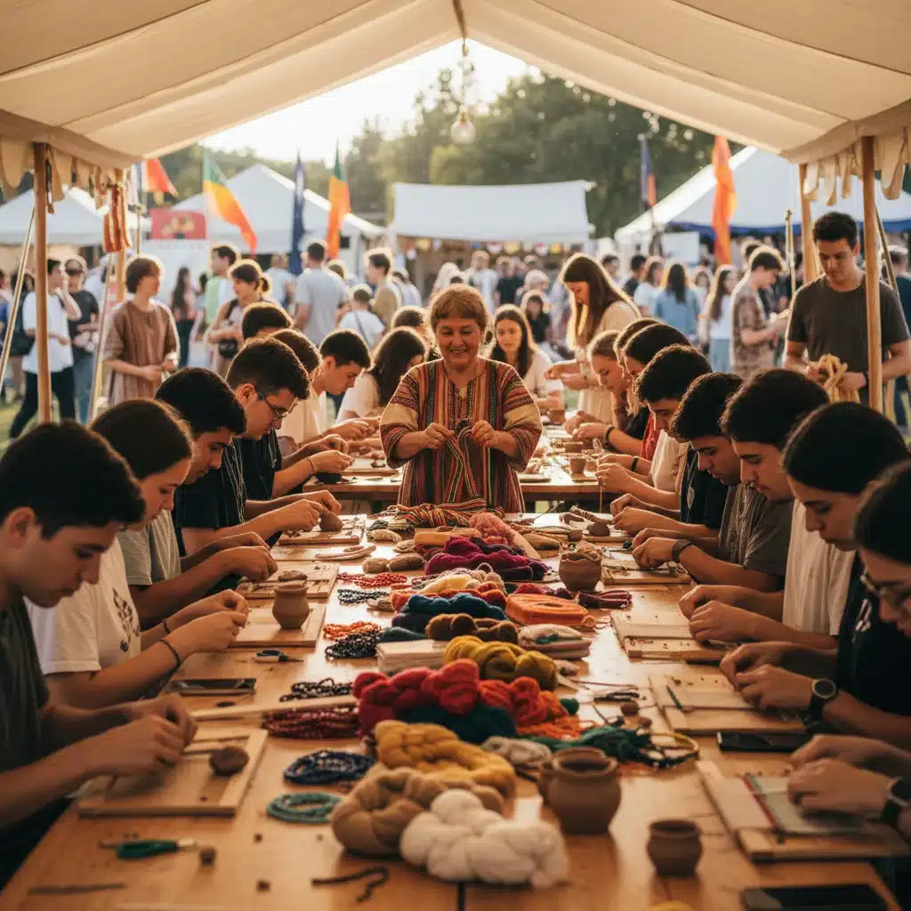 Young people learning traditional crafts at a cultural festival workshop
