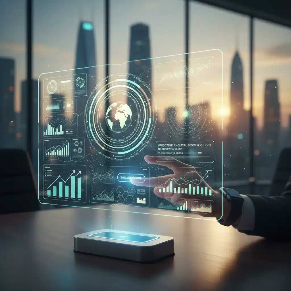 Holographic display showing data analytics for strategic financial planning