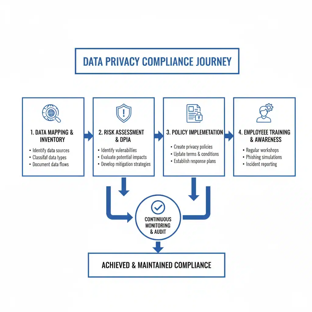Flowchart depicting a company's journey to data privacy compliance, from assessment to training.