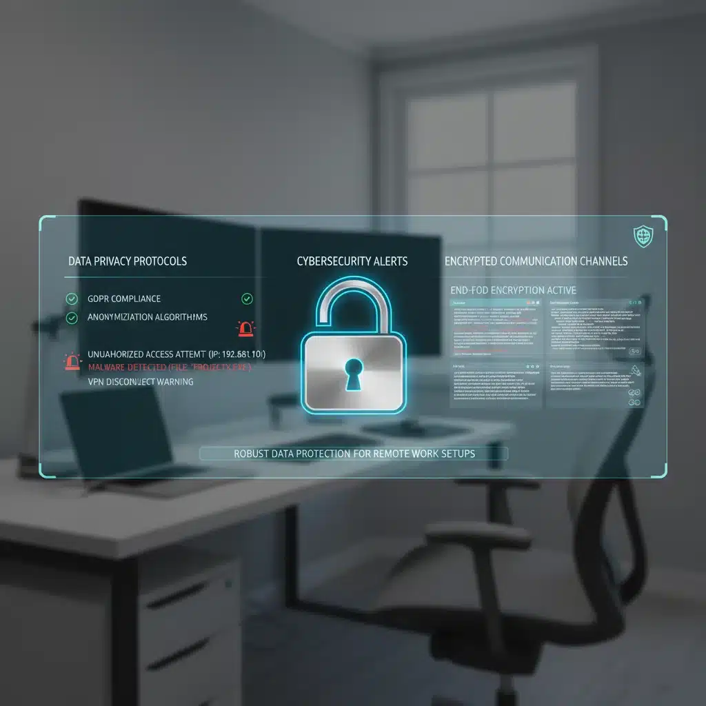 Digital dashboard showing robust cybersecurity and data privacy for remote work