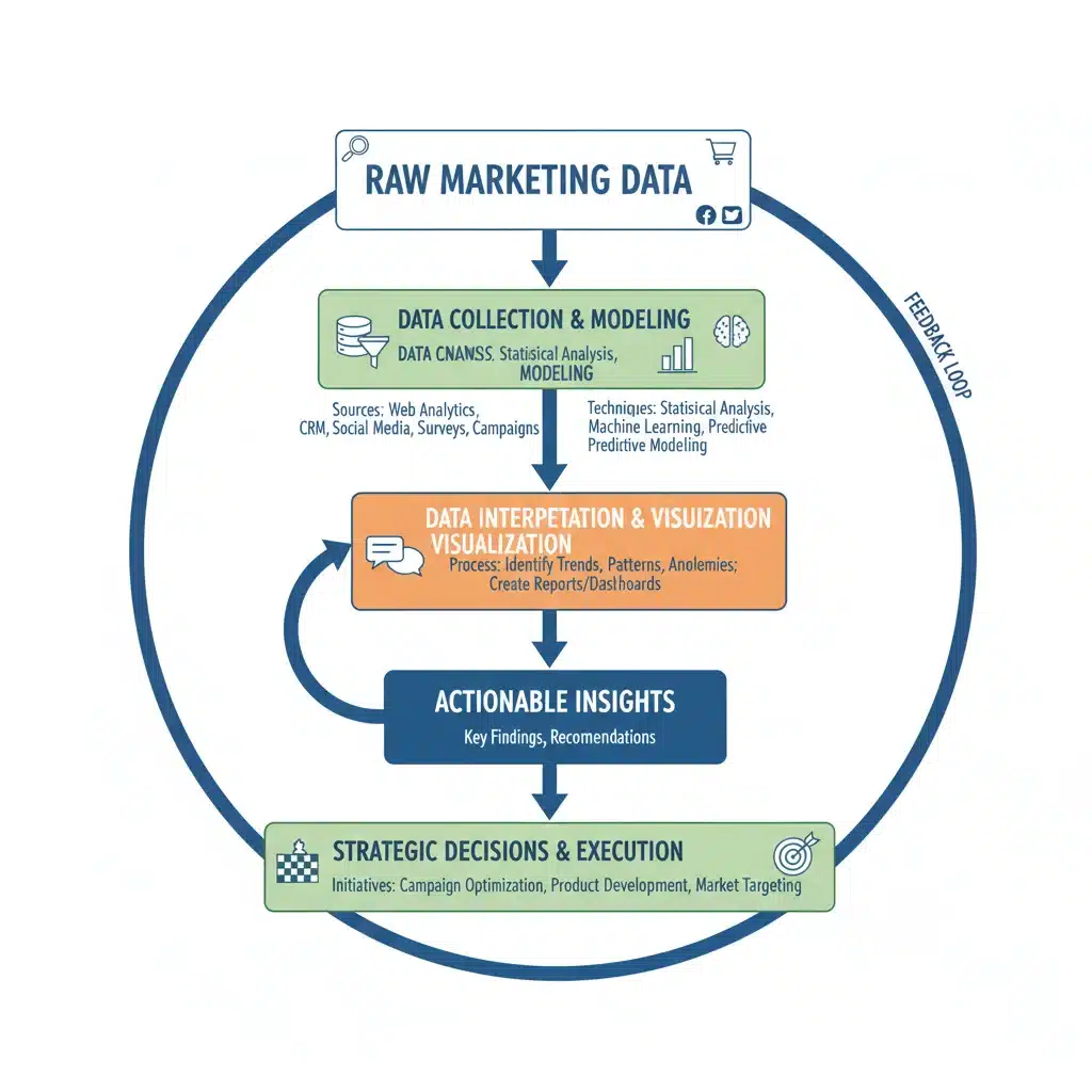 Data to insights workflow for digital marketing analytics, showing collection, analysis, and strategic decision-making.