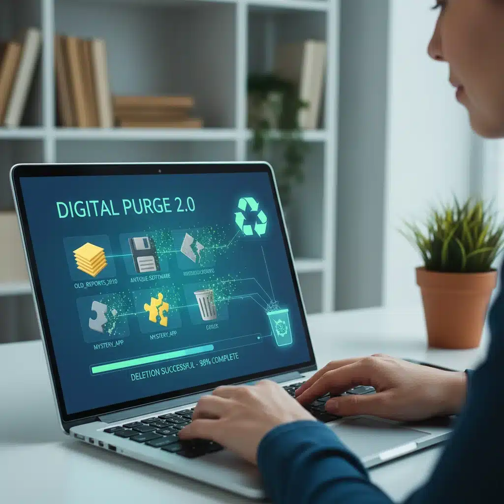 Person deleting old files and applications from computer, symbolizing digital cleanup.
