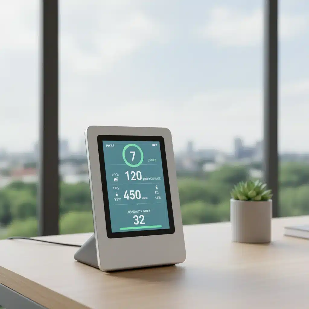 Modern air quality monitor displaying environmental readings on a digital screen