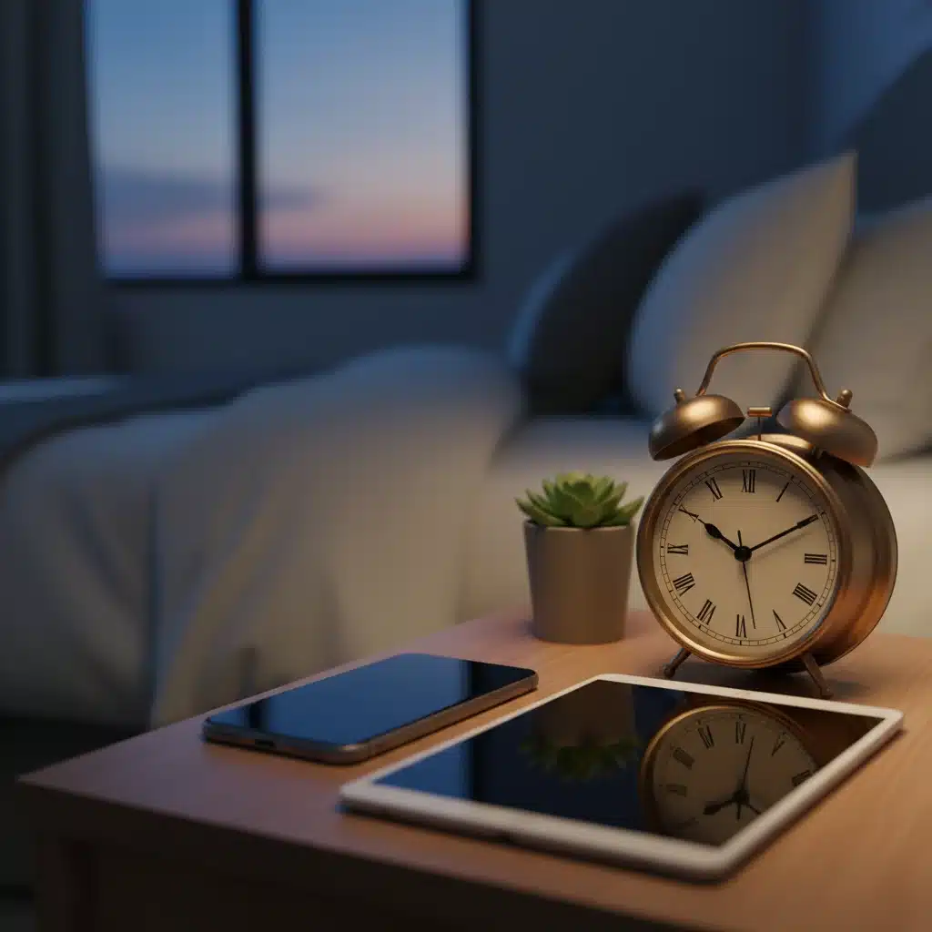 Smartphone and tablet face down next to an analog alarm clock for digital detox