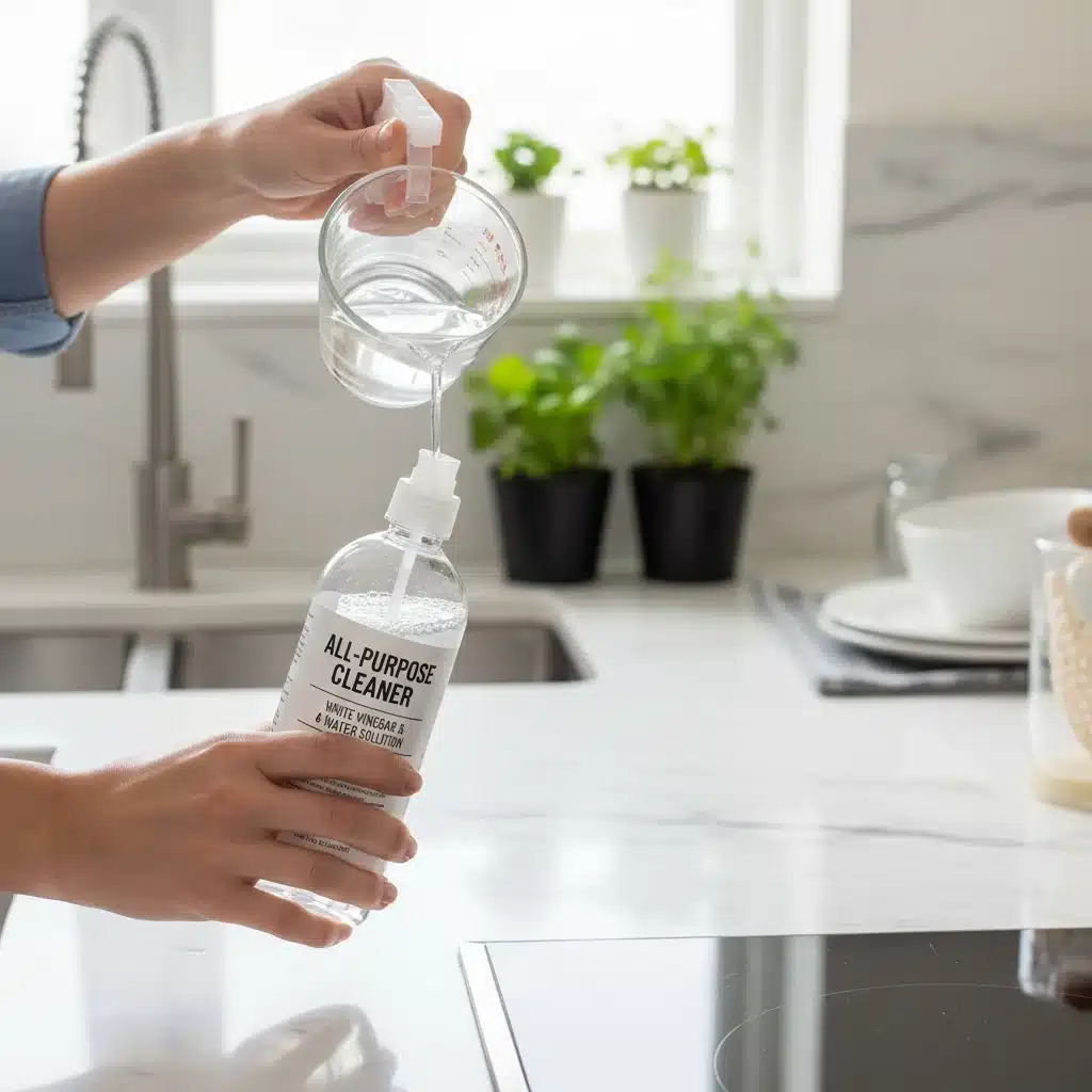 Hands mixing homemade all-purpose cleaner in a spray bottle with vinegar and water.