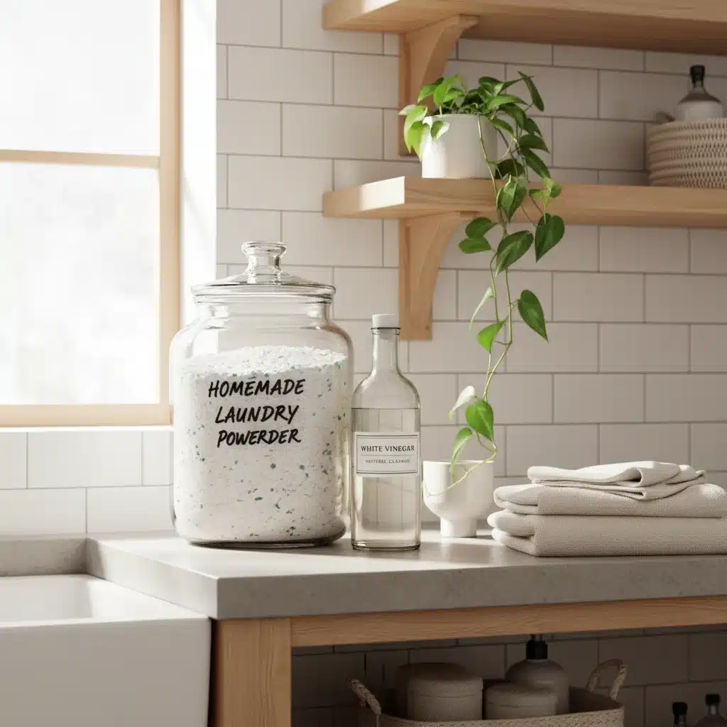 Homemade laundry powder in a glass jar with white vinegar, representing DIY cleaning.