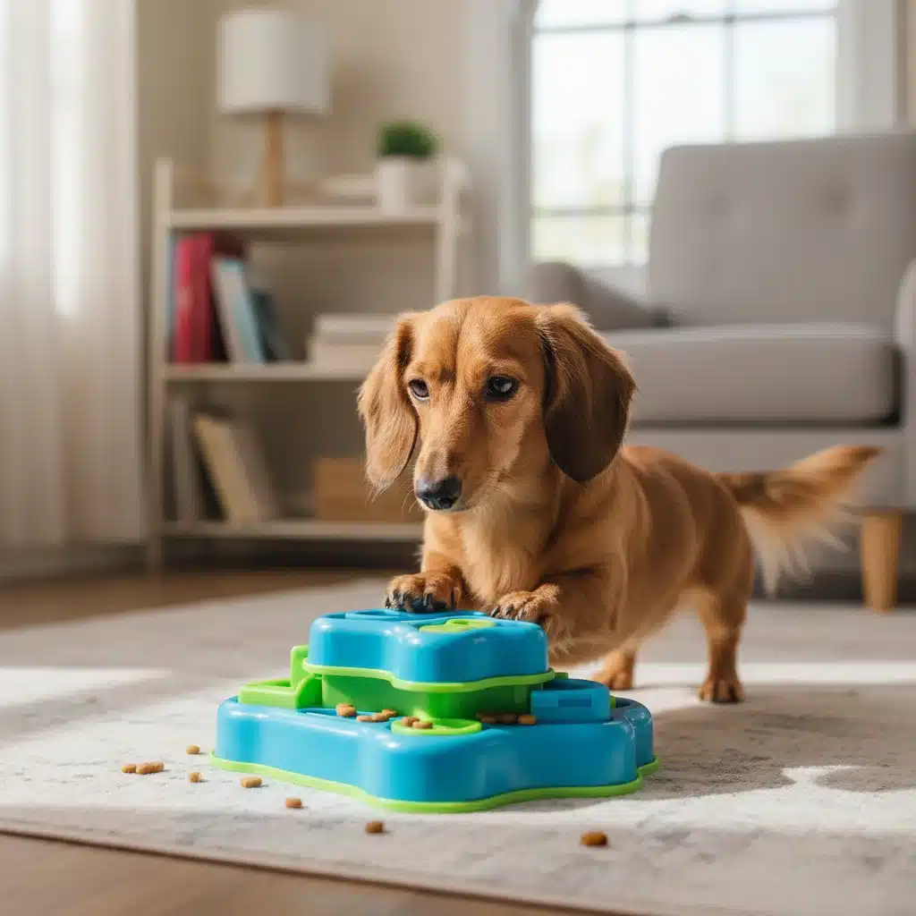 Small dog playing with an interactive puzzle feeder for mental stimulation