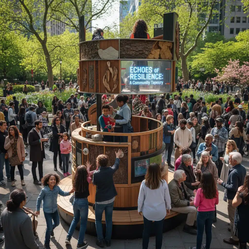 Diverse crowd engaging with interactive 'Echoes of Resilience' public art installation