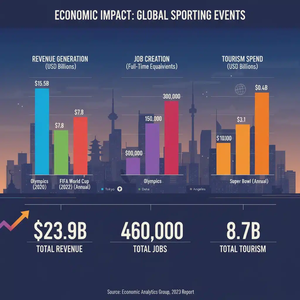Infographic displaying economic data, revenue, job creation, and tourism spend for major sporting events.