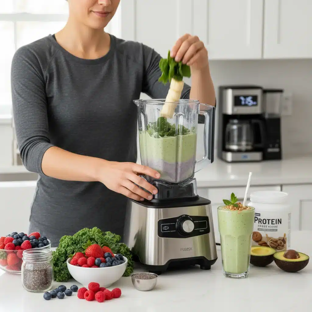 Quick and healthy breakfast smoothie preparation in the morning