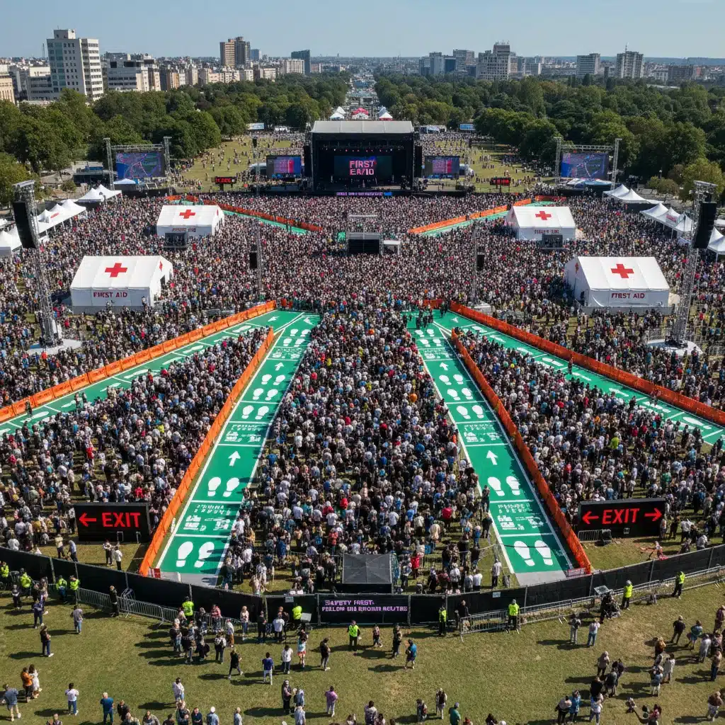 Overhead view of a national gathering showing emergency exits and safety infrastructure