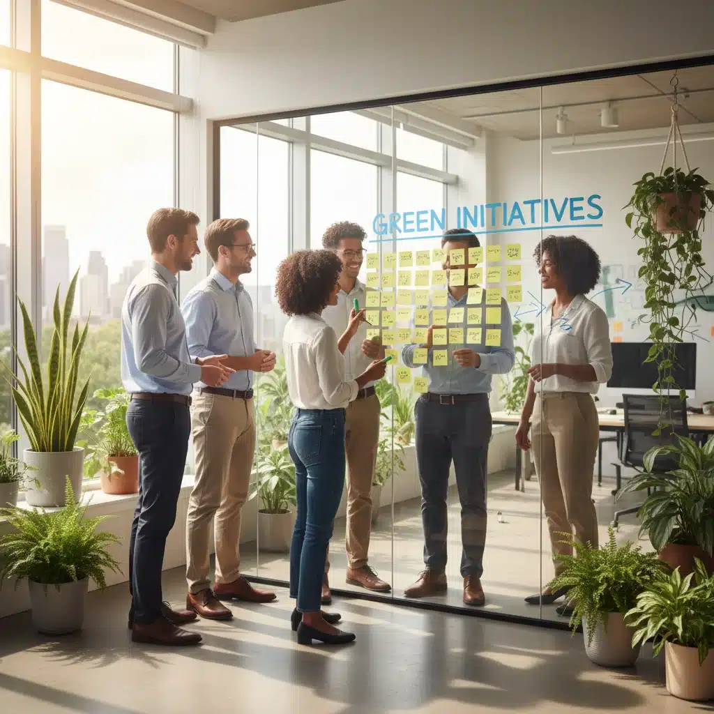 Diverse team brainstorming green initiatives in a modern, plant-filled office.