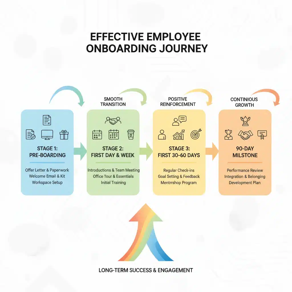 Infographic showing a structured and engaging employee onboarding process.
