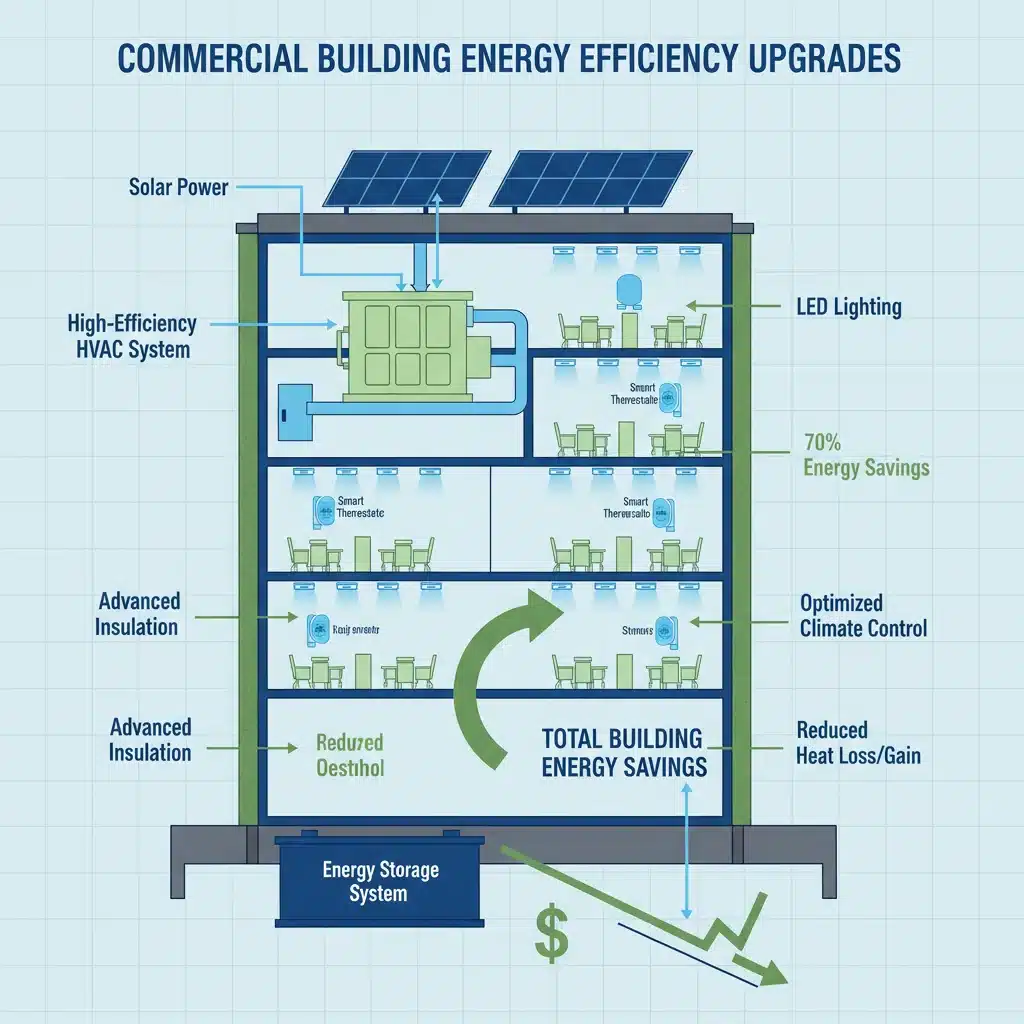 Diagram of energy-efficient commercial building upgrades: LED, HVAC, smart thermostats, insulation.