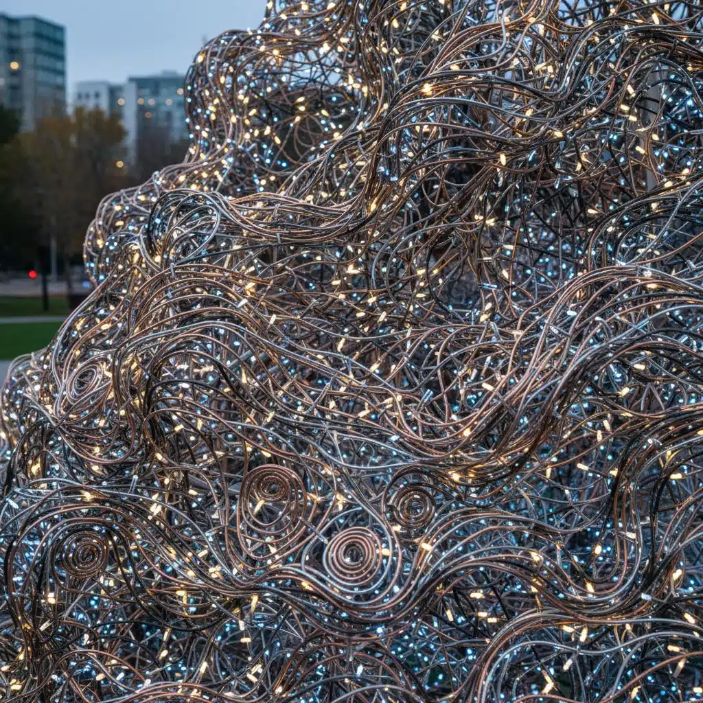 Intricate metallic threads and LED lighting on 'The Ethereal Weave' sculpture