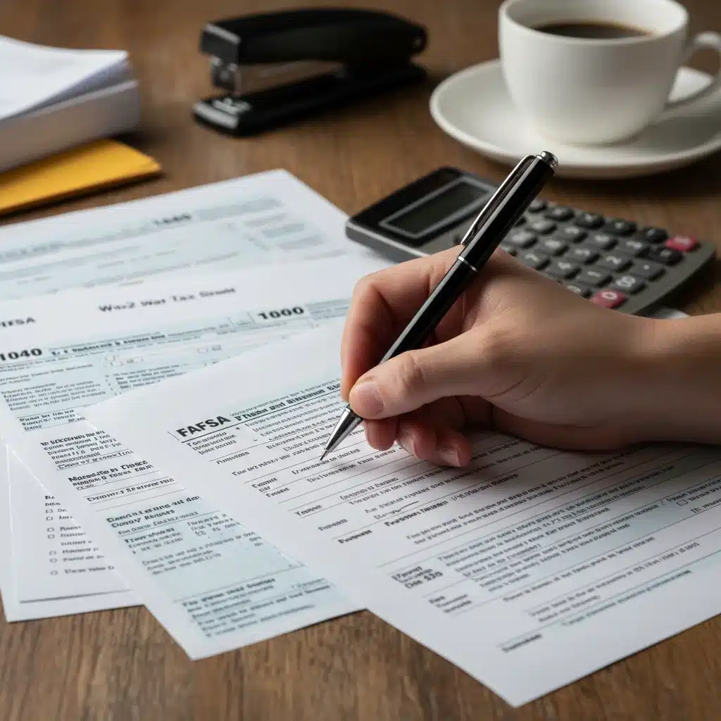 Hand filling out FAFSA form with financial documents, highlighting FAFSA preparation.