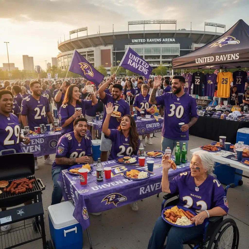 Diverse group of fans enjoying a tailgate party outside a stadium, showing camaraderie.