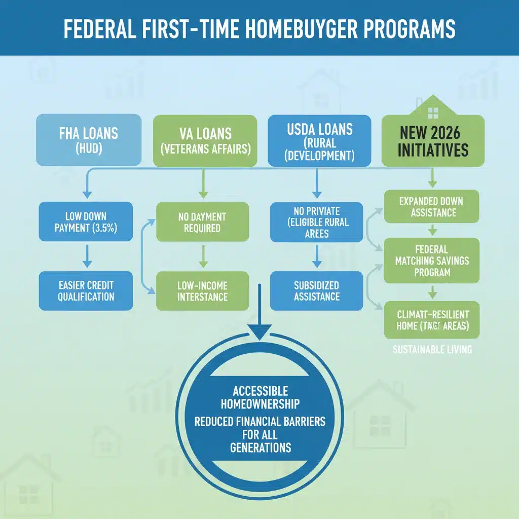 Infographic detailing various federal first-time homebuyer programs and their benefits.