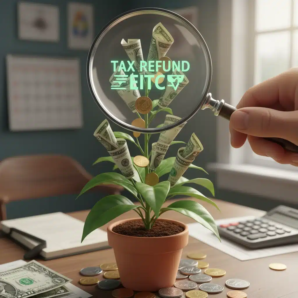 Money growing on a plant, symbolizing tax refund and financial growth from EITC.