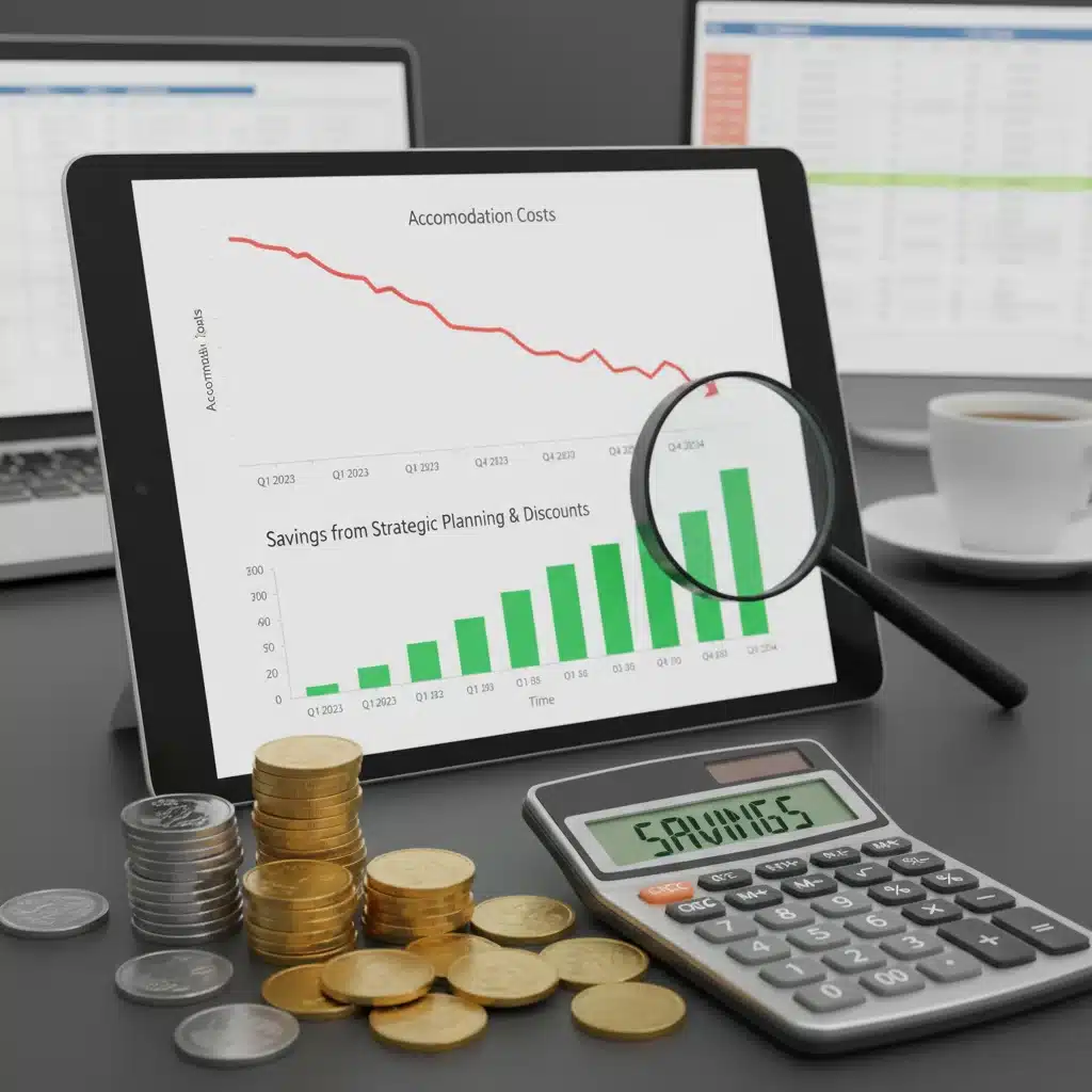 Financial chart showing cost reduction with coins and calculator, illustrating financial impact of accommodation savings.