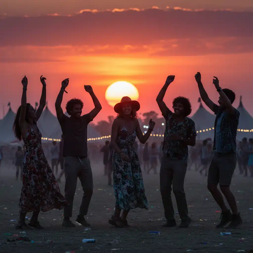 Friends enjoying a music festival at sunset, dancing and laughing together in a vibrant crowd.