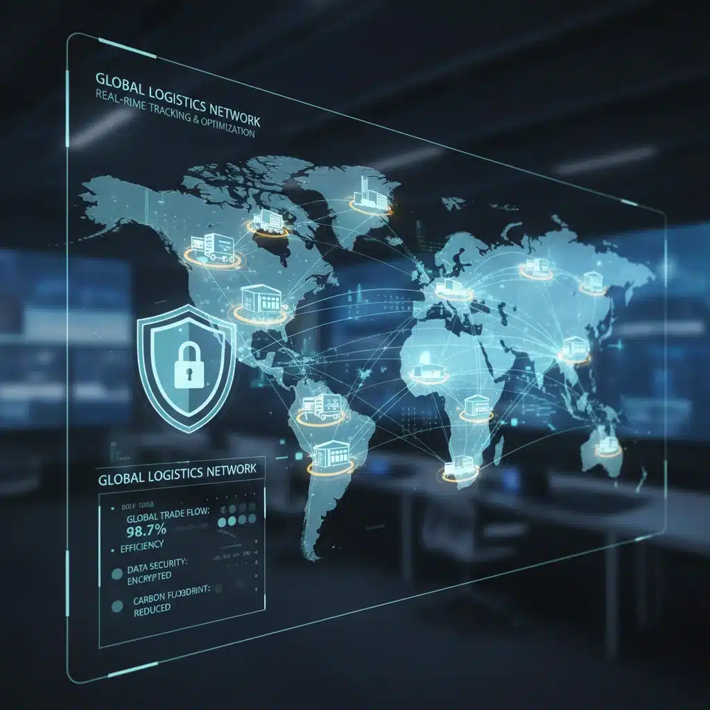 Digital visualization of a global supply chain network with interconnected logistics.