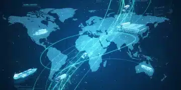 Global supply chain network with digital overlay representing optimization and cost reduction.