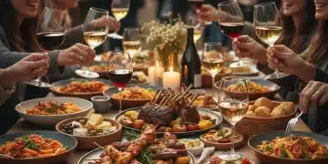 Gourmet dishes and fine wine glasses at a lively food and wine festival
