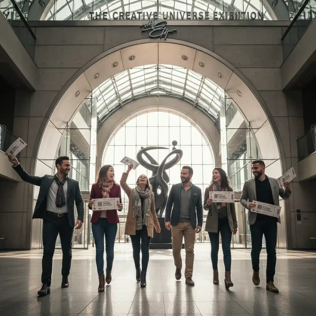 Group of friends happily entering an exhibition venue with tickets, representing successful group booking and shared experience.