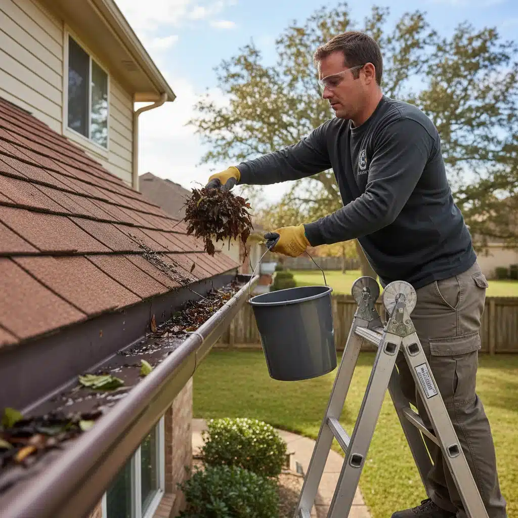 Person cleaning clogged gutters on a ladder