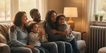 Happy family in warm home with 2026 federal utility assistance