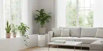 Modern living room with air purifier and plants, symbolizing healthy indoor environment