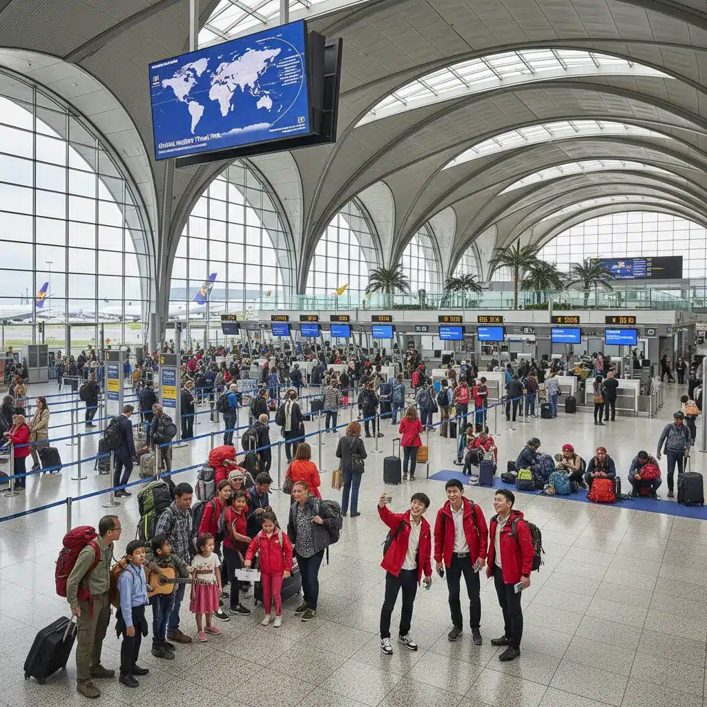 Busy airport during national holiday travel rush