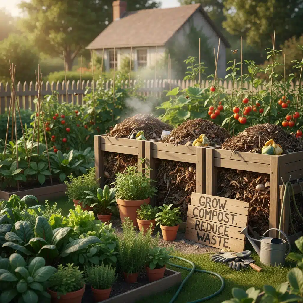 Home garden with vegetables and compost pile, promoting sustainable food and waste reduction.