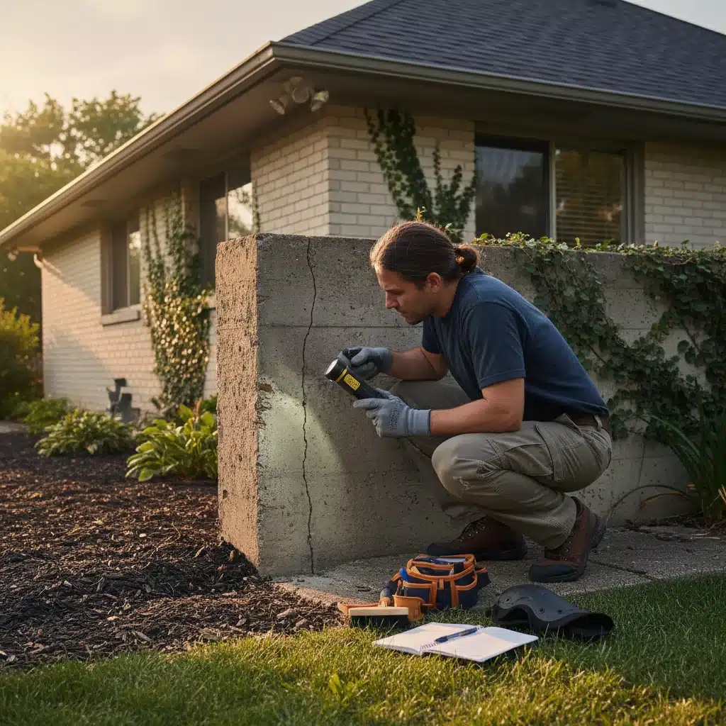 Homeowner inspecting house foundation for pest entry points.