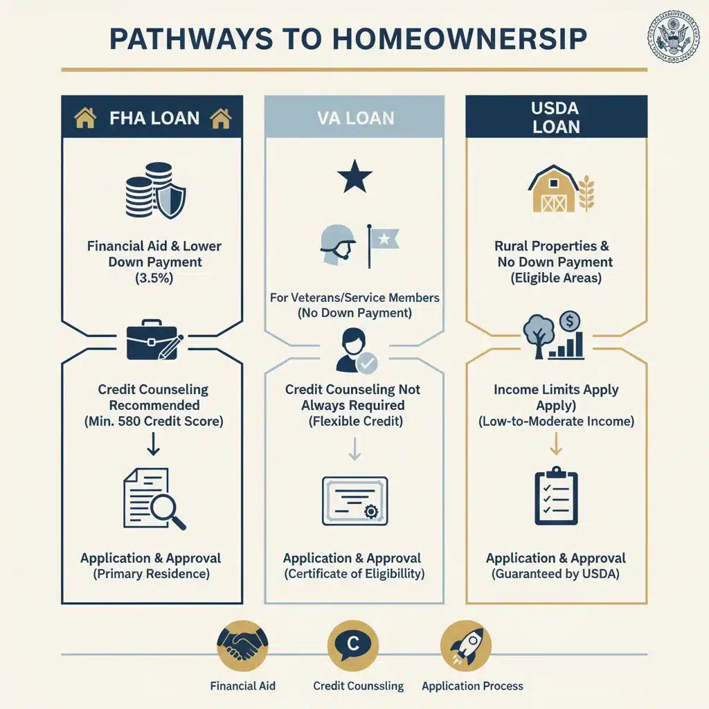 Infographic showing pathways to homeownership through federal programs