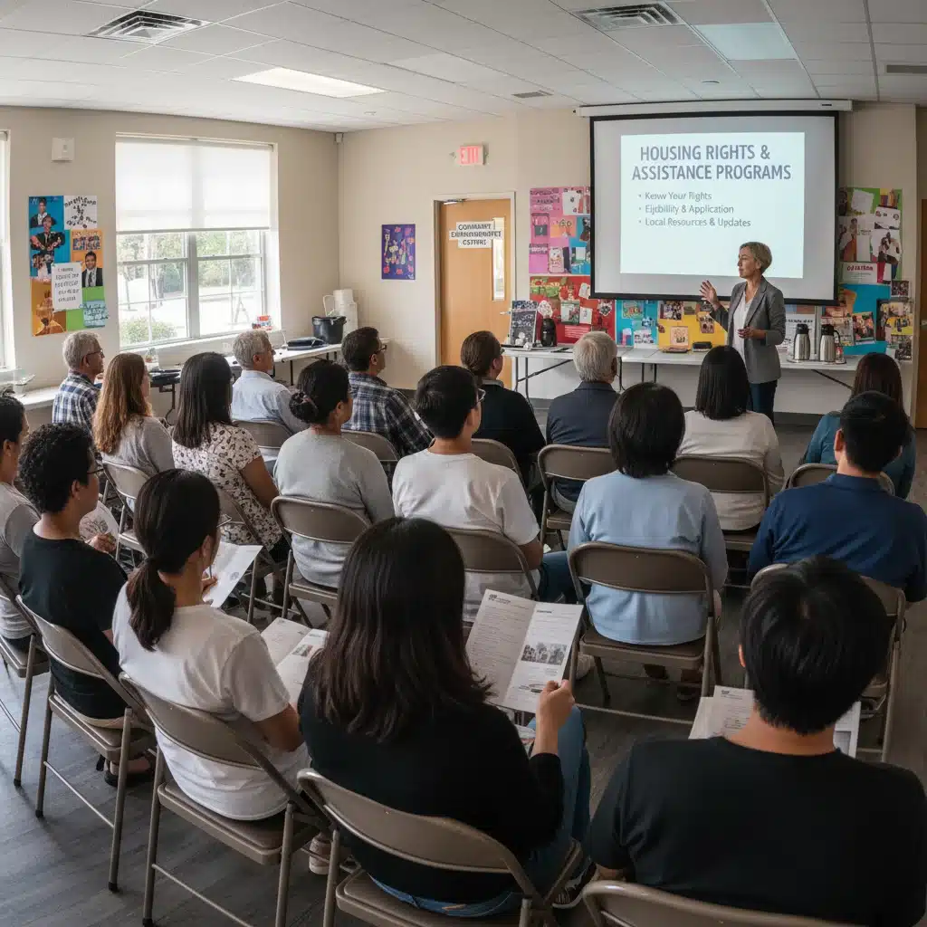 Community members attending a workshop about housing assistance programs and tenant rights.
